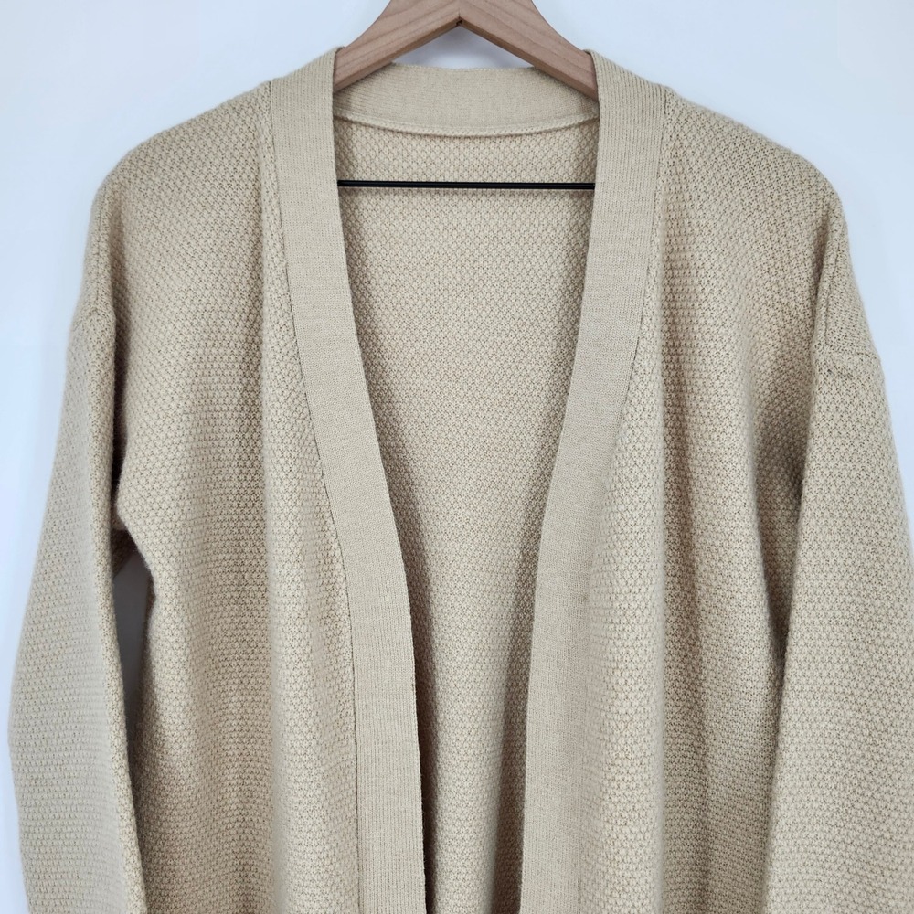 Cream Womens Long Line Cardigan Sweater Size L Open Front Textured Autumn - Picture 2 of 8